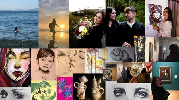 A collage of artwork and and photos of Ms. Castro