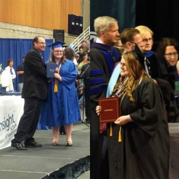 A graduate in blue shakes hands while holding a diploma on stage; another in black smiles, holding a diploma, with people in academic robes nearby.