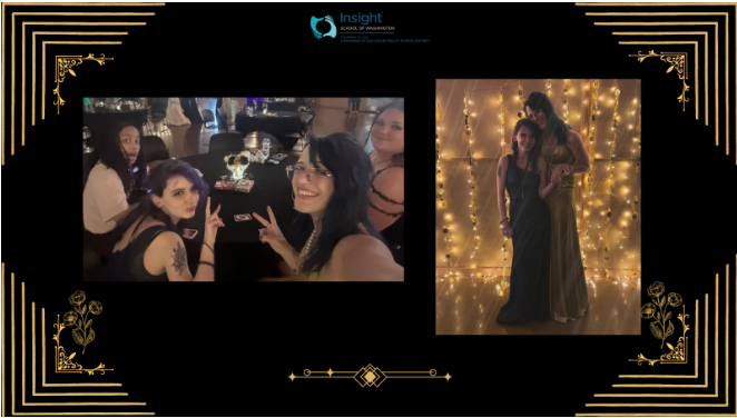 A group of people smile and pose at a formal event. On the left, people are seated at a table; on the right, two stand against a backdrop of warm string lights. The setting is elegant, with a festive and joyful atmosphere.