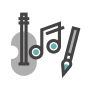 Guitar, musical note and brush icon