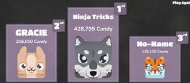 Cartoon animals on purple backgrounds show student usernames and ranks between 1st and 3rd place.