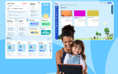 A smiling woman and child use a tablet against a blue background. Overlaid are educational dashboard screens showing courses and schedules.