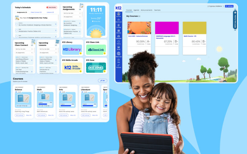 A smiling woman and child use a tablet against a blue background. Overlaid are educational dashboard screens showing courses and schedules.